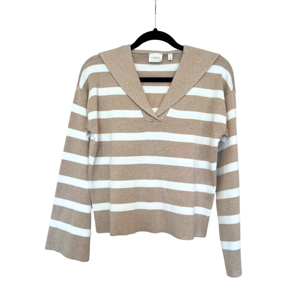 Cyrus Beige & Ivory Striped Sweater – Size S Wool Blend Johnny Collar Pullover